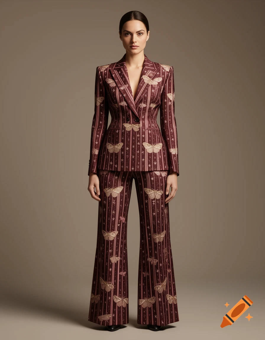 Full-body editorial photograph of an adult woman wearing a claret blazer and matching wide-leg trousers with a moth stripe print.