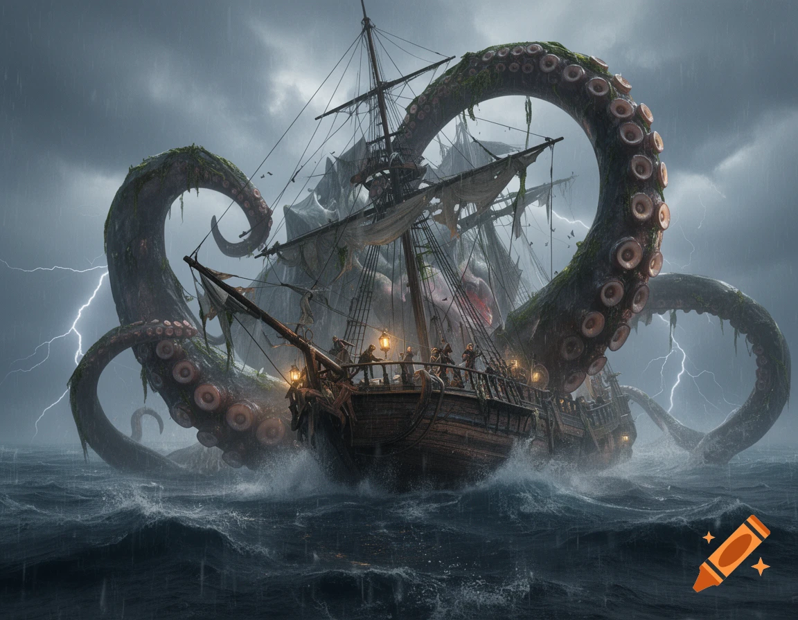 A massive kraken with large glowing tentacles attacks a wooden sailing ship during a stormy night with lightning.