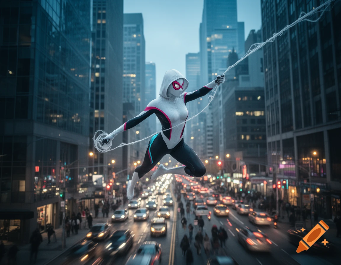Ghost Spider swinging in a dynamic pose through a busy city street with traffic below, photorealistic style.
