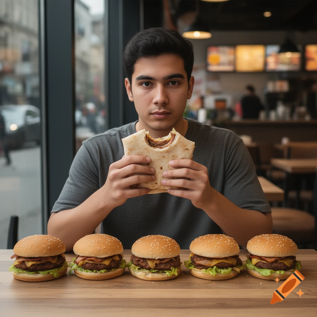 A young man sitting at a restaurant table, holding a bitten flatbread sandwich, with five burgers lined up in front of him.