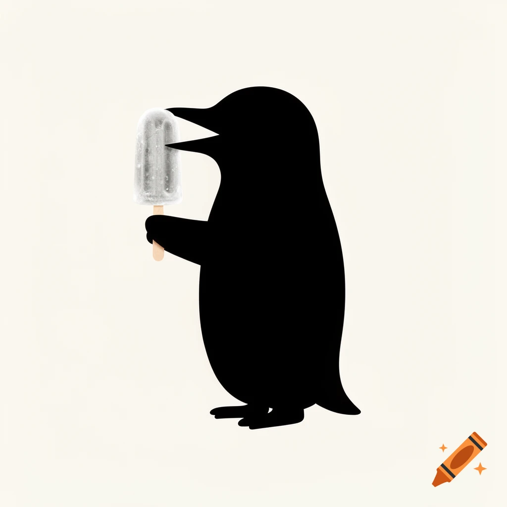 Black silhouette of a penguin eating a popsicle in a minimalist vector style.