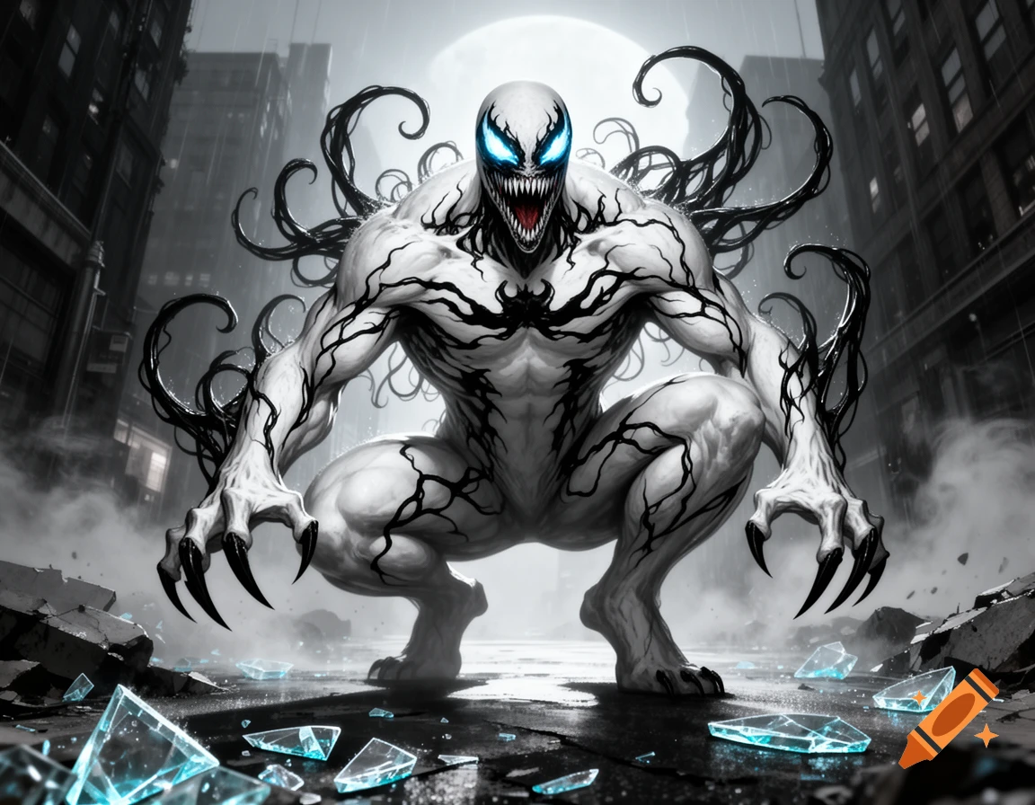 Anti-Venom crouching in a moody city alleyway with glowing blue eyes, sharp black tendrils, and scattered glass shards on the ground.