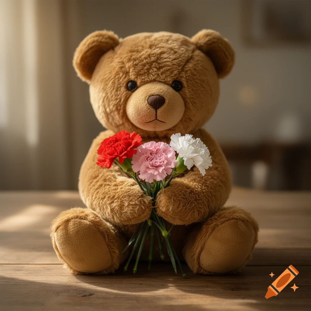Photorealistic teddy bear sitting on a wooden table, holding a small bouquet of red, pink, and white carnations.