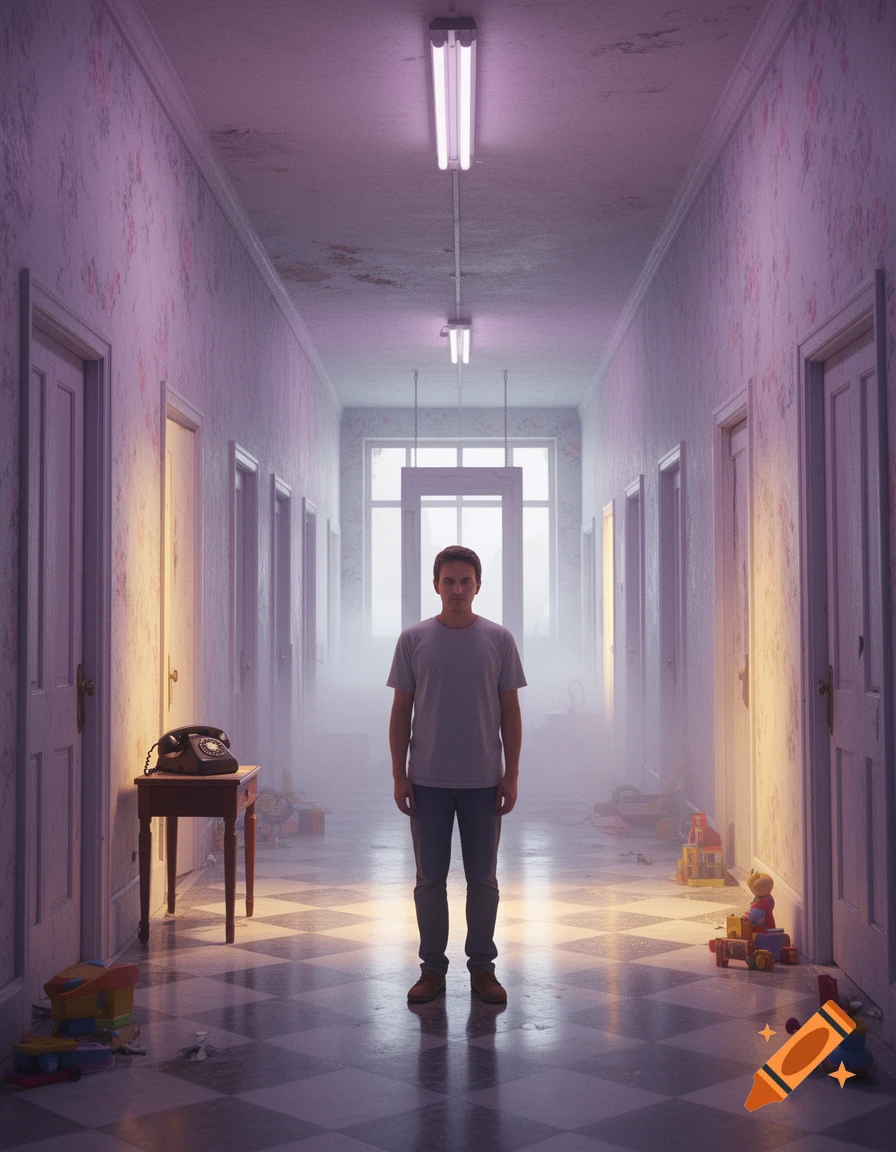 A man standing in the middle of a long, narrow hotel hallway with patterned wallpaper, checkered floors, and glowing lights, in a surreal style.