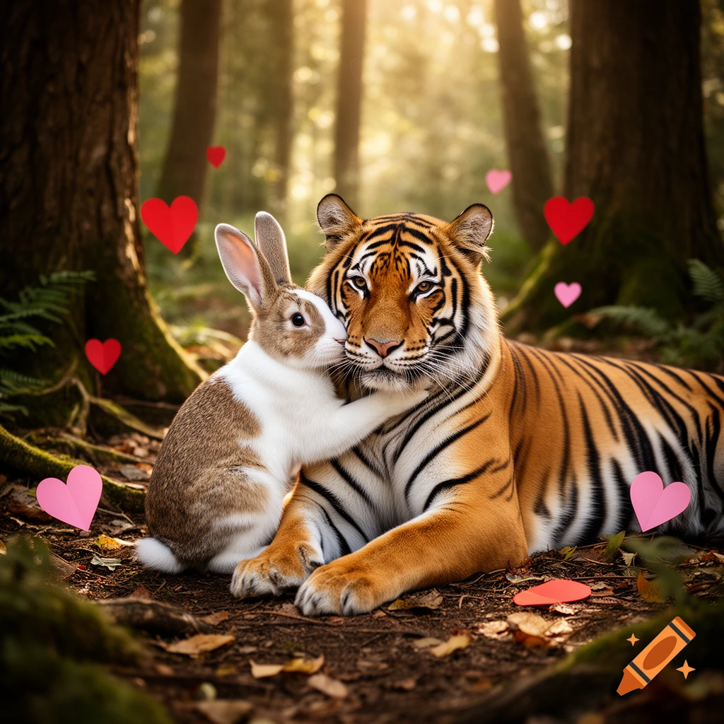 A photorealistic image of a rabbit hugging a tiger in a sunlit forest surrounded by floating paper hearts.