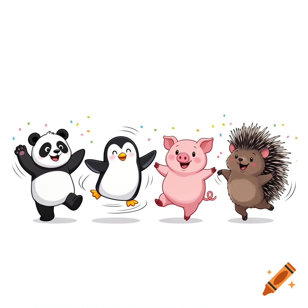 Cartoon illustration of a panda, penguin, pig, and porcupine dancing together happily on a white background.