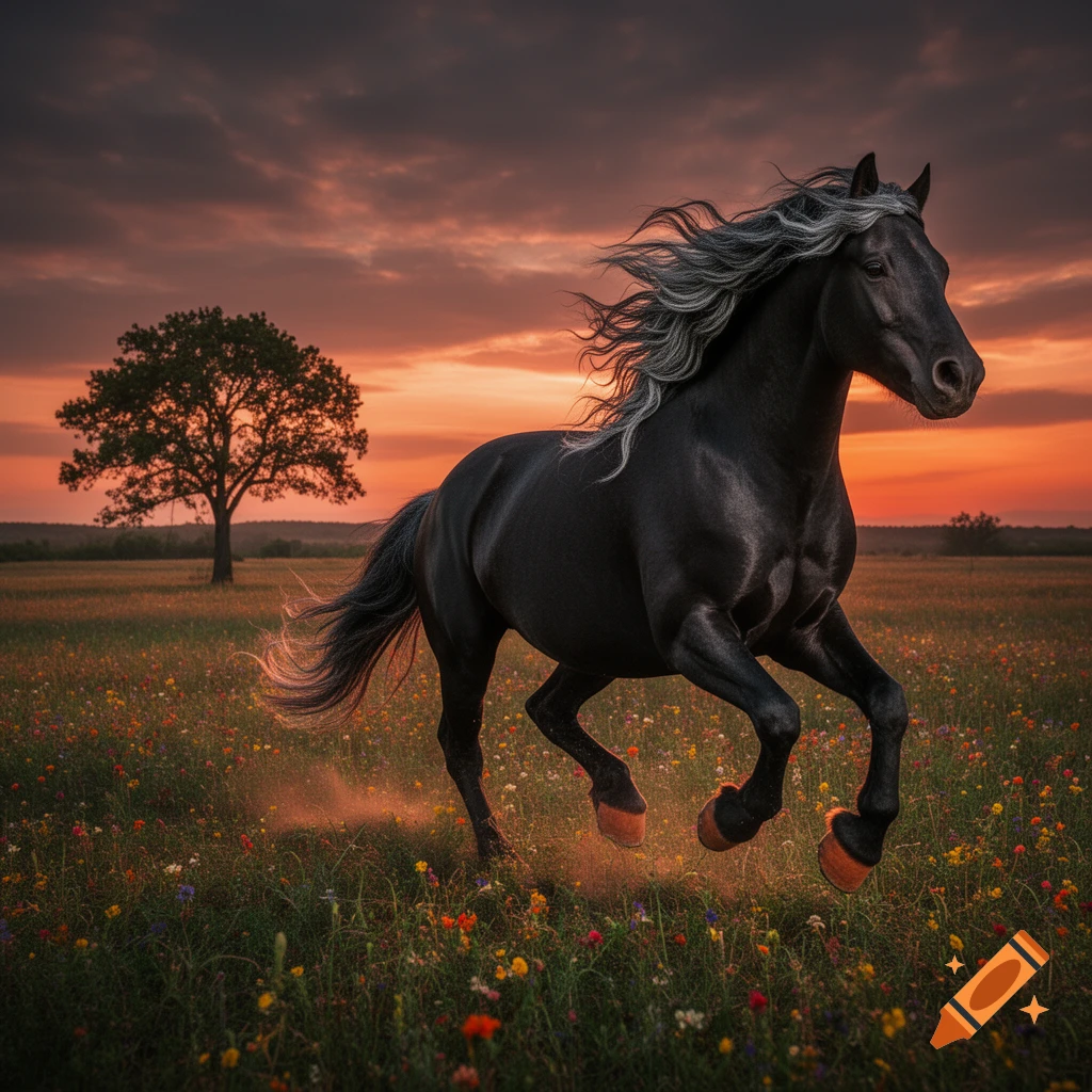 Photorealistic image of a black horse with a grey and black mane galloping across a field of colorful wildflowers at sunset.