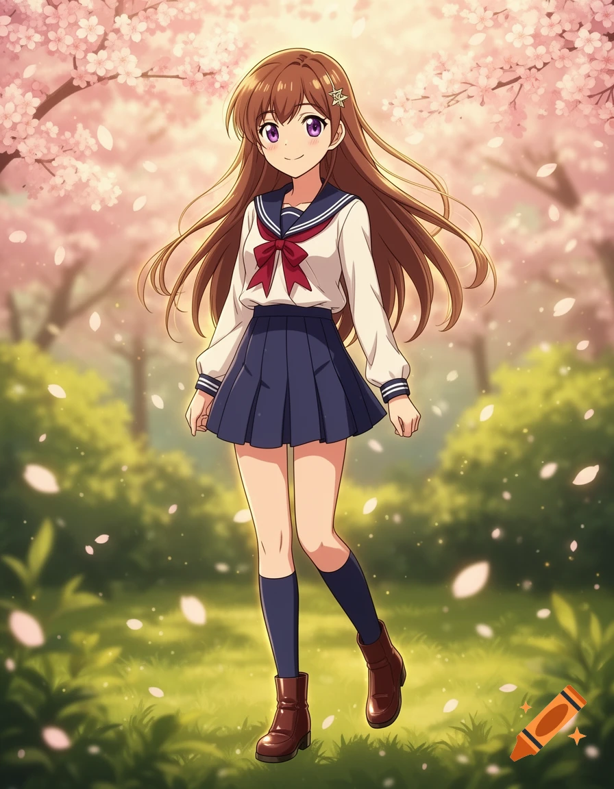 An anime girl with brown hair and purple eyes wearing a school uniform, walking in a park with cherry blossoms in the background.