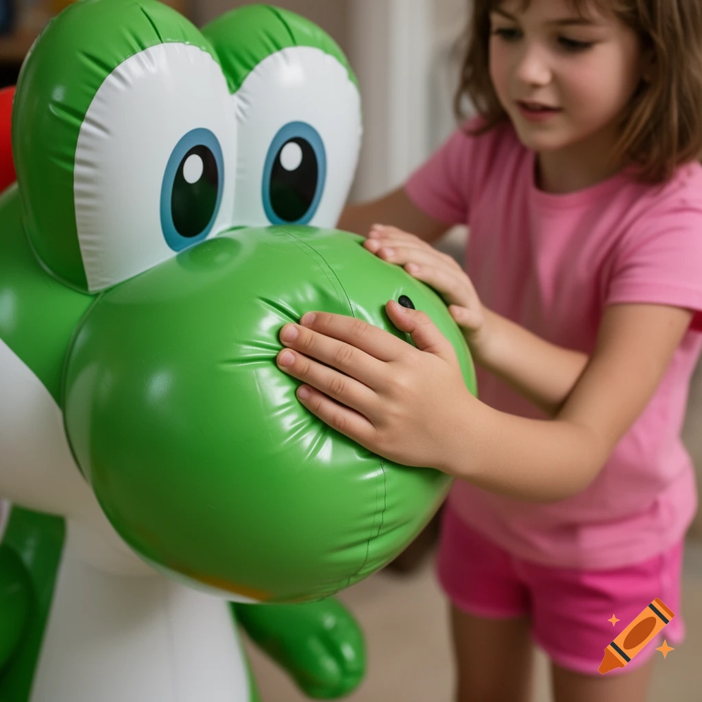 A young girl in a pink shirt and shorts squeezes the nose of a large inflatable Yoshi toy, photorealistic.