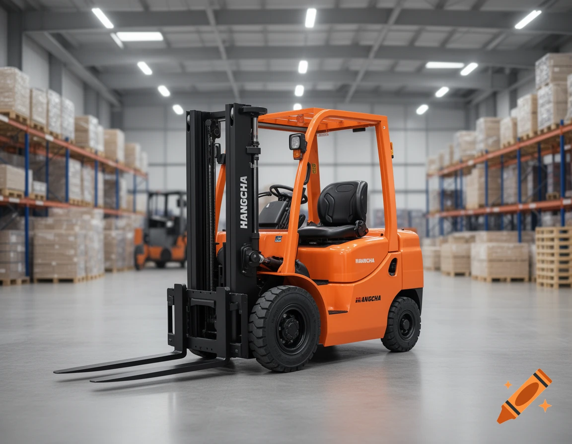 Photorealistic image of an orange and black Hangcha forklift parked inside a large, orderly warehouse.