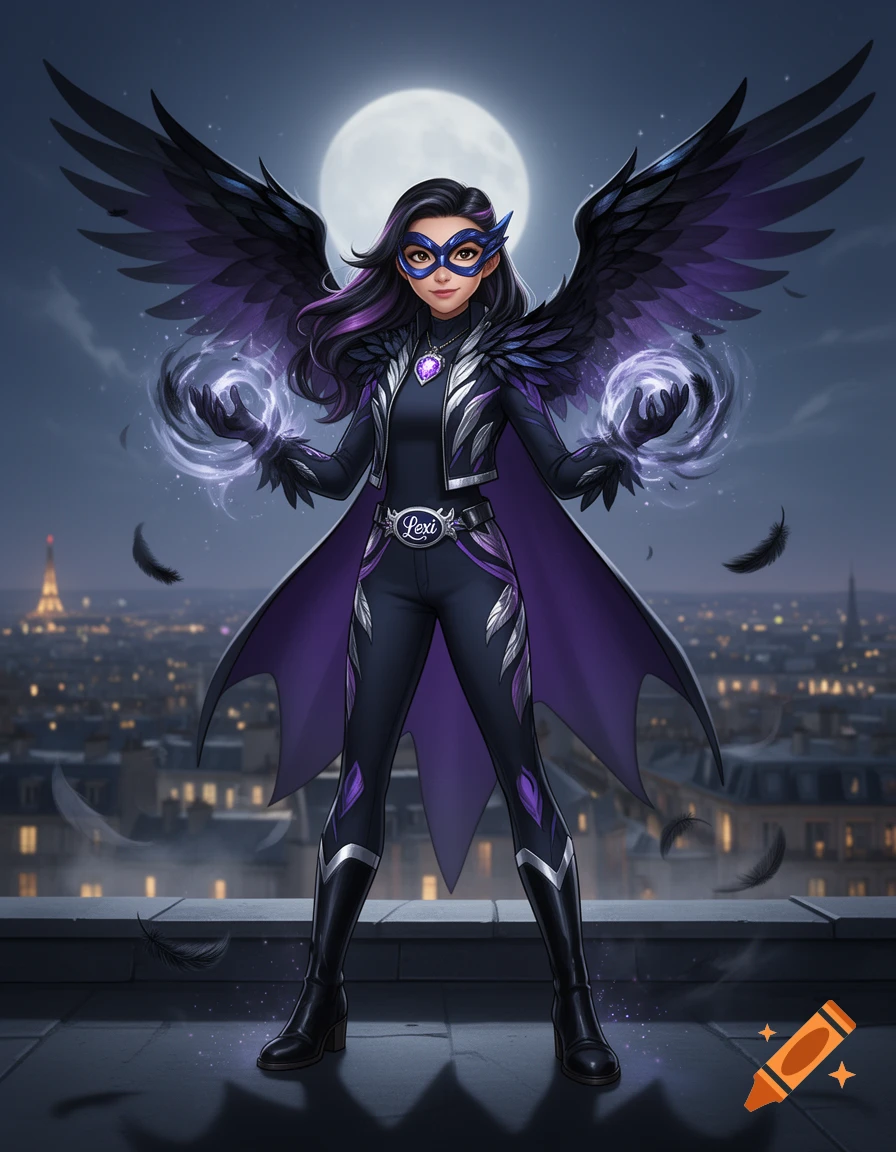 Digital illustration of a female superhero with black raven wings and purple highlights, wearing a mask and holding magic orbs on a rooftop.