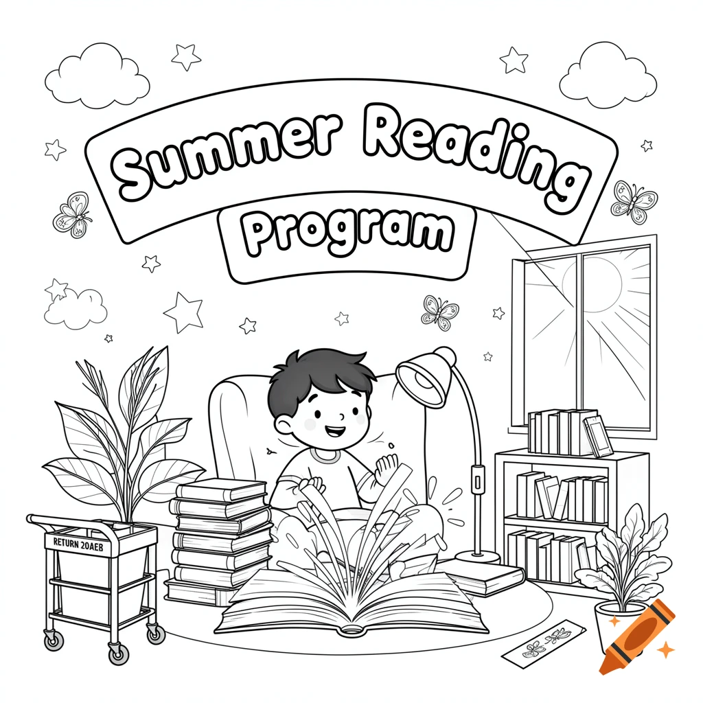 Black and white coloring page of a boy reading books in a cozy room with a 'Summer Reading Program' banner above.
