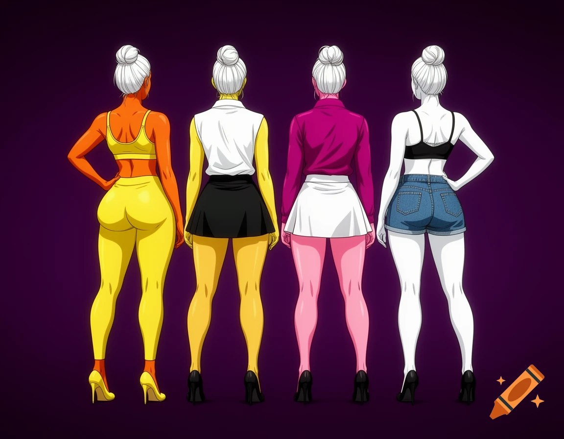Back view of four curvy anime women with white hair in buns and different skin tones, wearing various colorful outfits and heels against a dark purple background.