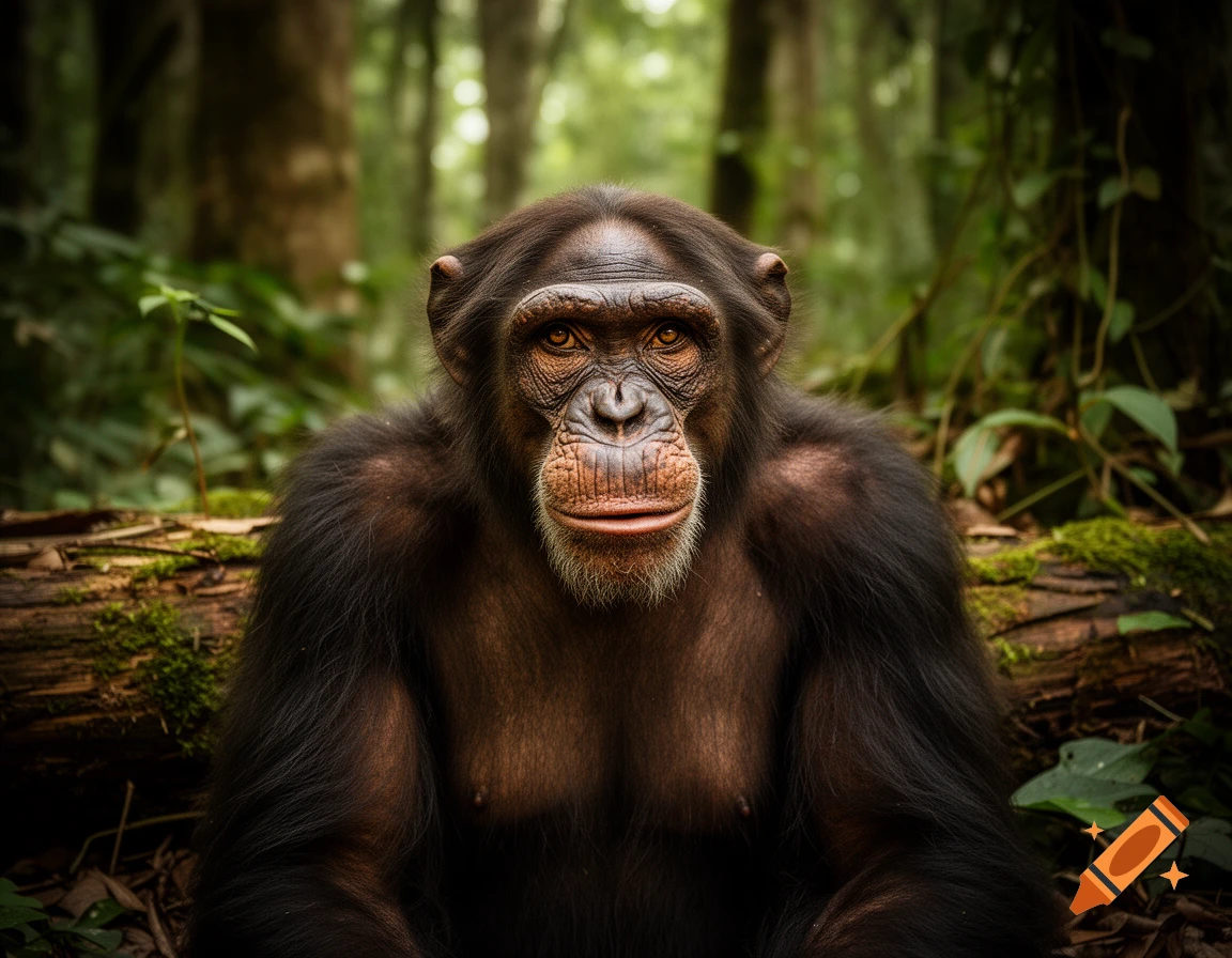 Photorealistic close-up of a chimpanzee sitting in a lush green jungle.