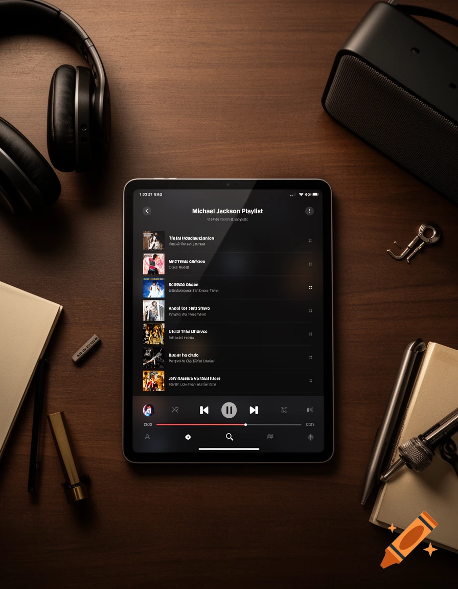 A tablet displaying a music playlist, headphones, and a speaker on a wooden desk.