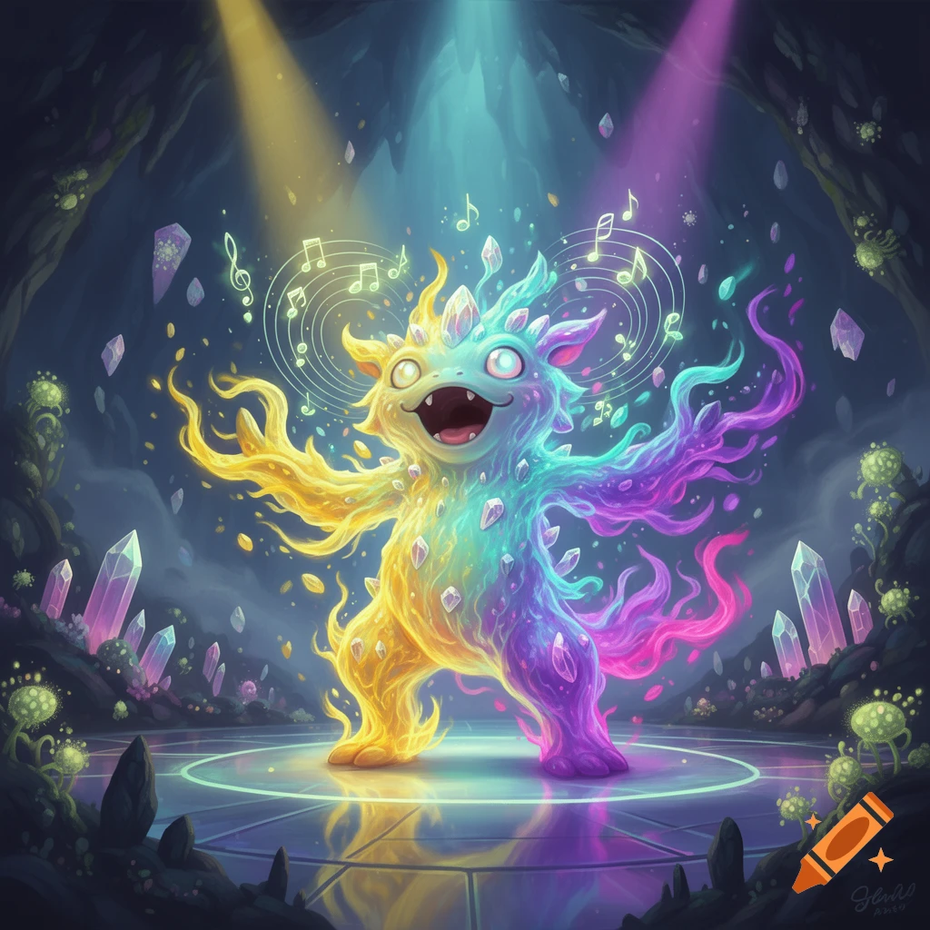 Colorful glowing monster with crystals and music notes dancing in a magical cave, digital illustration.