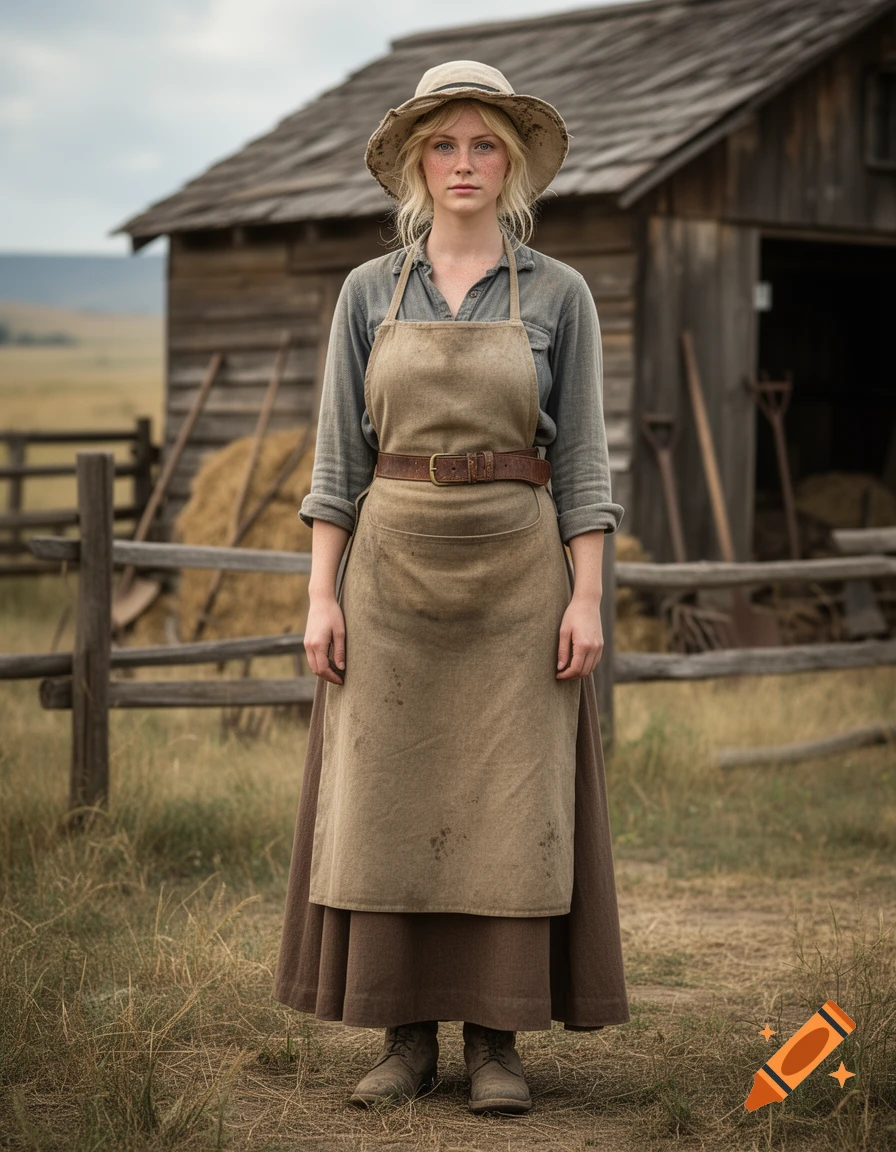Photorealistic full-length portrait of a 30-year-old blonde woman in a vintage work apron and hat standing in front of a rustic barn.