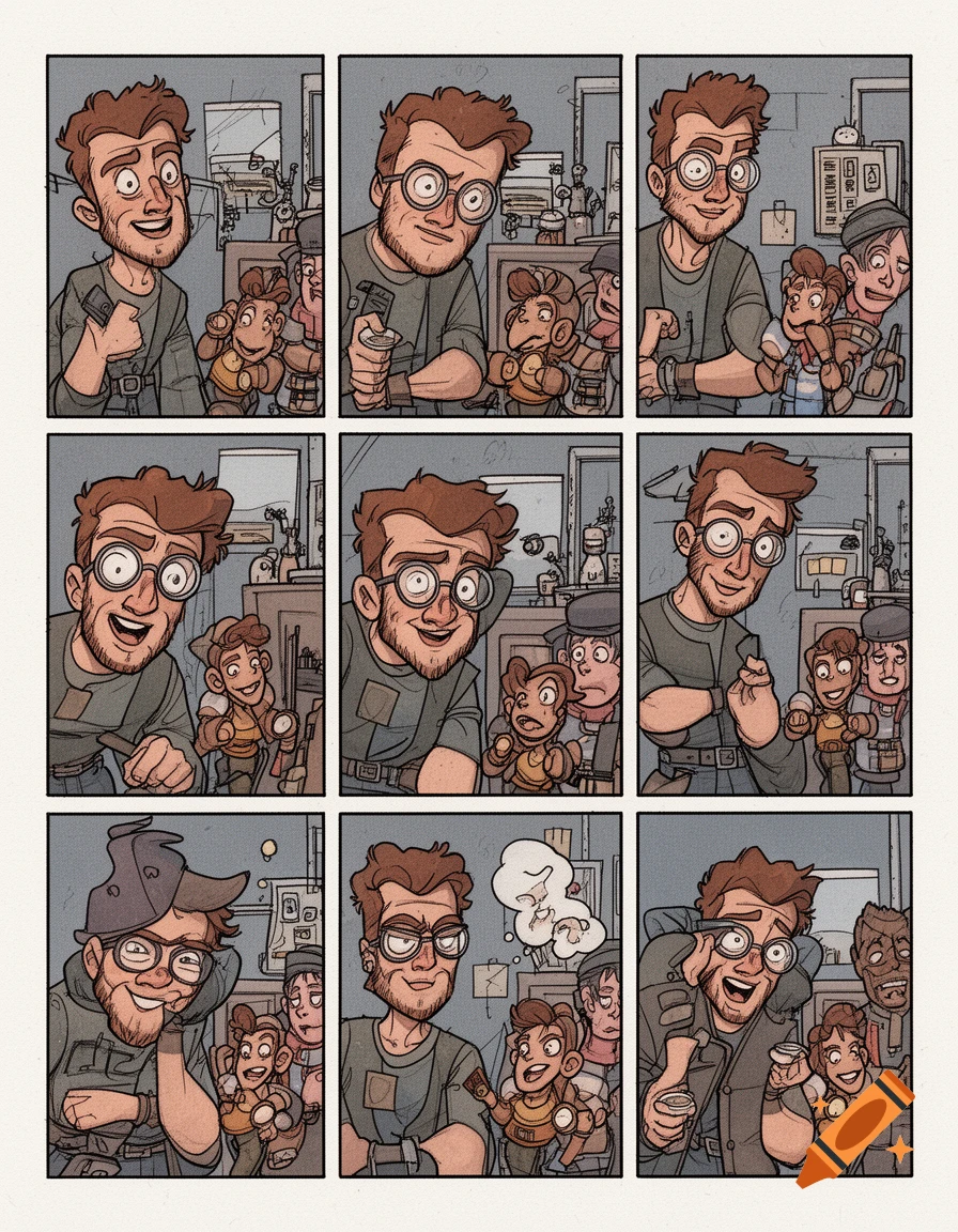 A 9-panel comic strip depicting a group of cartoon characters with expressive faces in an indoor room style.