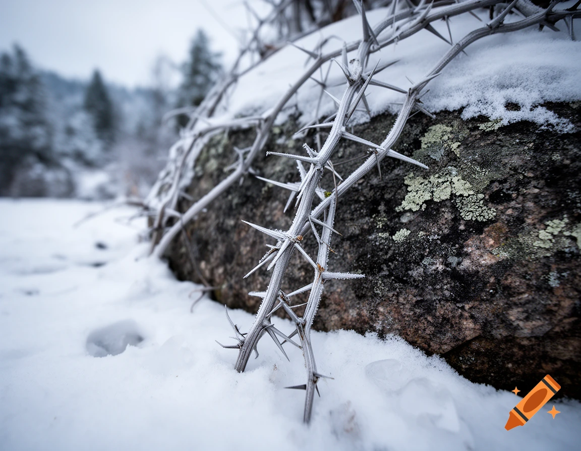 Close-up photorealistic shot of frosty thorny vines with metallic texture climbing over a snow-covered boulder in winter.
