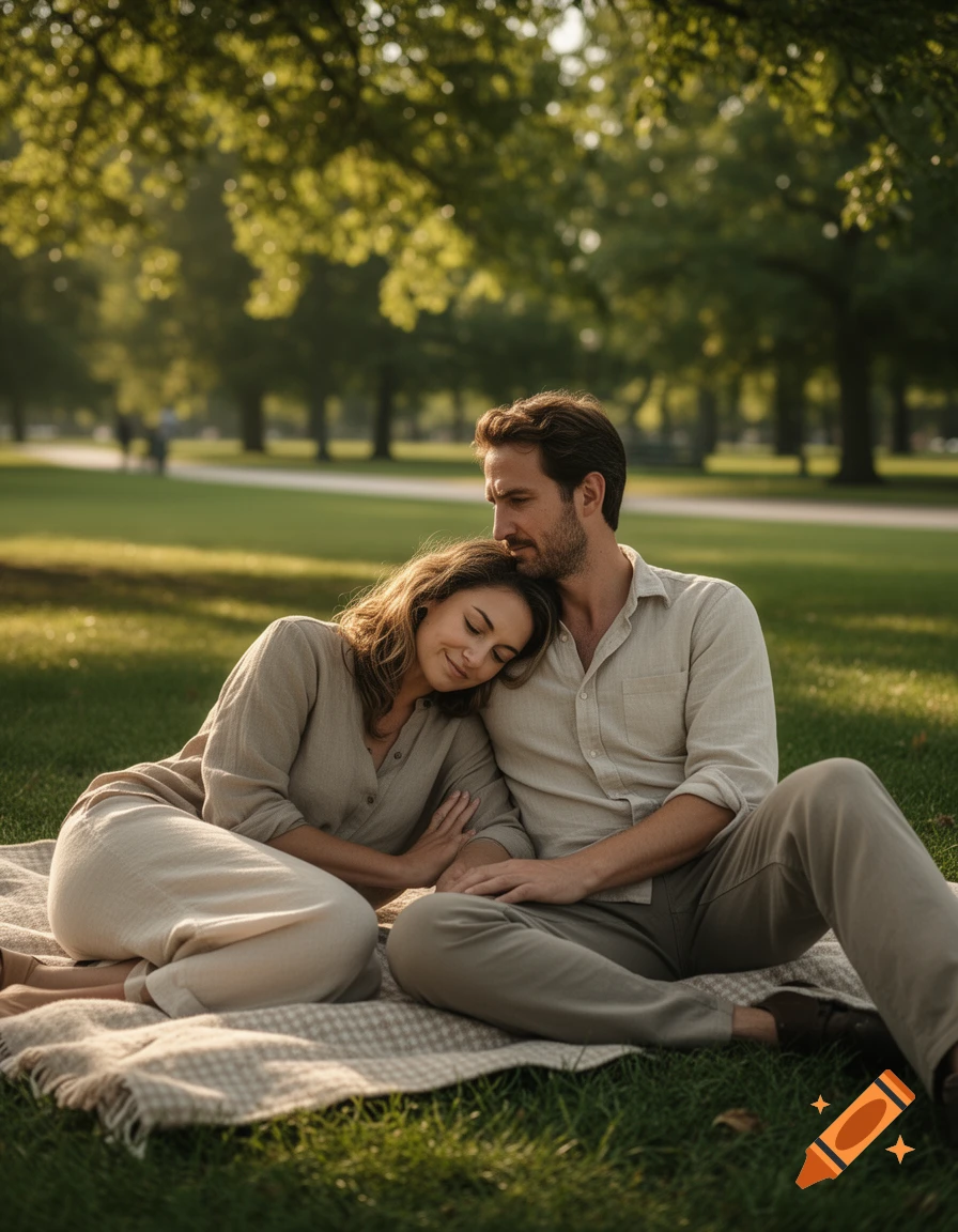Photorealistic image of a couple sitting on a blanket in a park, with the woman resting her head on the man's knee.