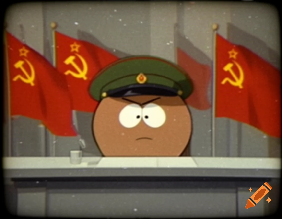 South Park style character behind a news desk with USSR flags in the background, vintage TV screen effect.