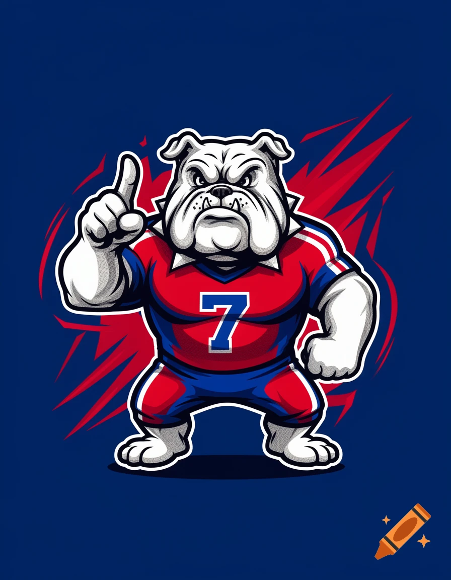 Illustration of an angry bulldog mascot in a red and blue sports jersey, shaking its index finger.