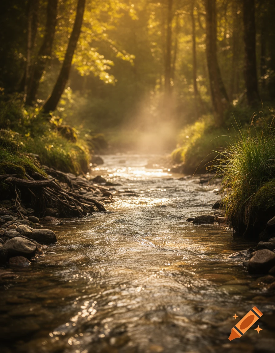 Photorealistic image of a sunlit stream flowing through a lush green forest with glowing mist.