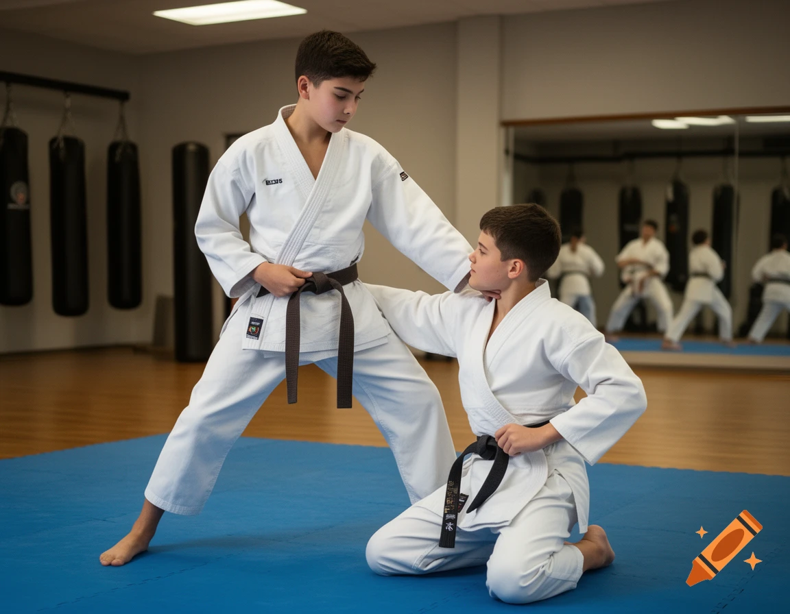 Two young boys in white karate uniforms practicing martial arts on a blue mat in a gym.