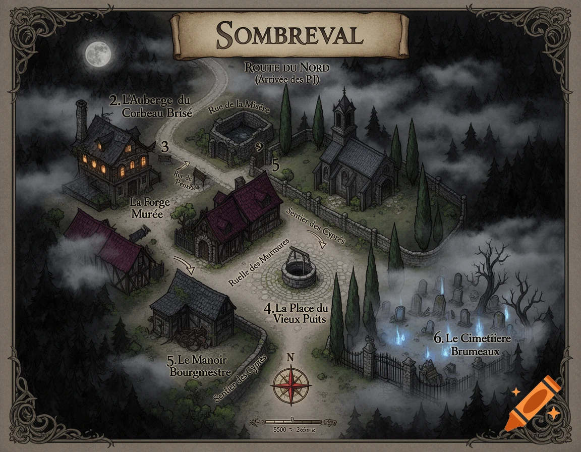 Detailed fantasy tabletop RPG map of the village of Sombreval with buildings, a cemetery, and roads.