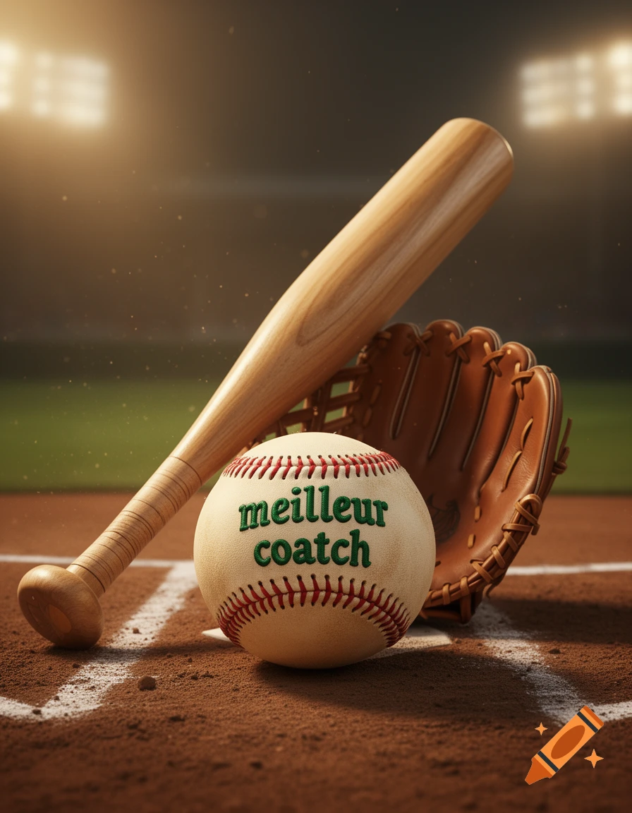 Close-up of a baseball with the text 'meilleur coatch', a wooden bat, and a leather glove on home plate in a stadium.