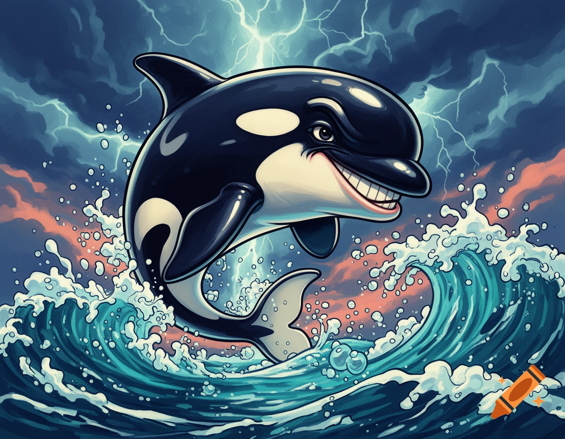 A stylized digital art illustration of an orca whale with a grinning human-like smile leaping out of stormy ocean waves against a lightning-filled sky.