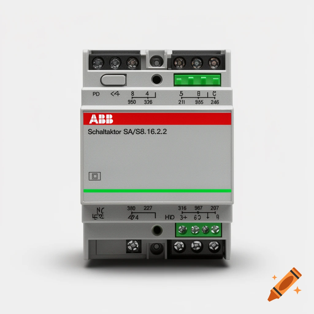 Photorealistic product shot of an ABB Schaltaktor electrical device against a plain white background.