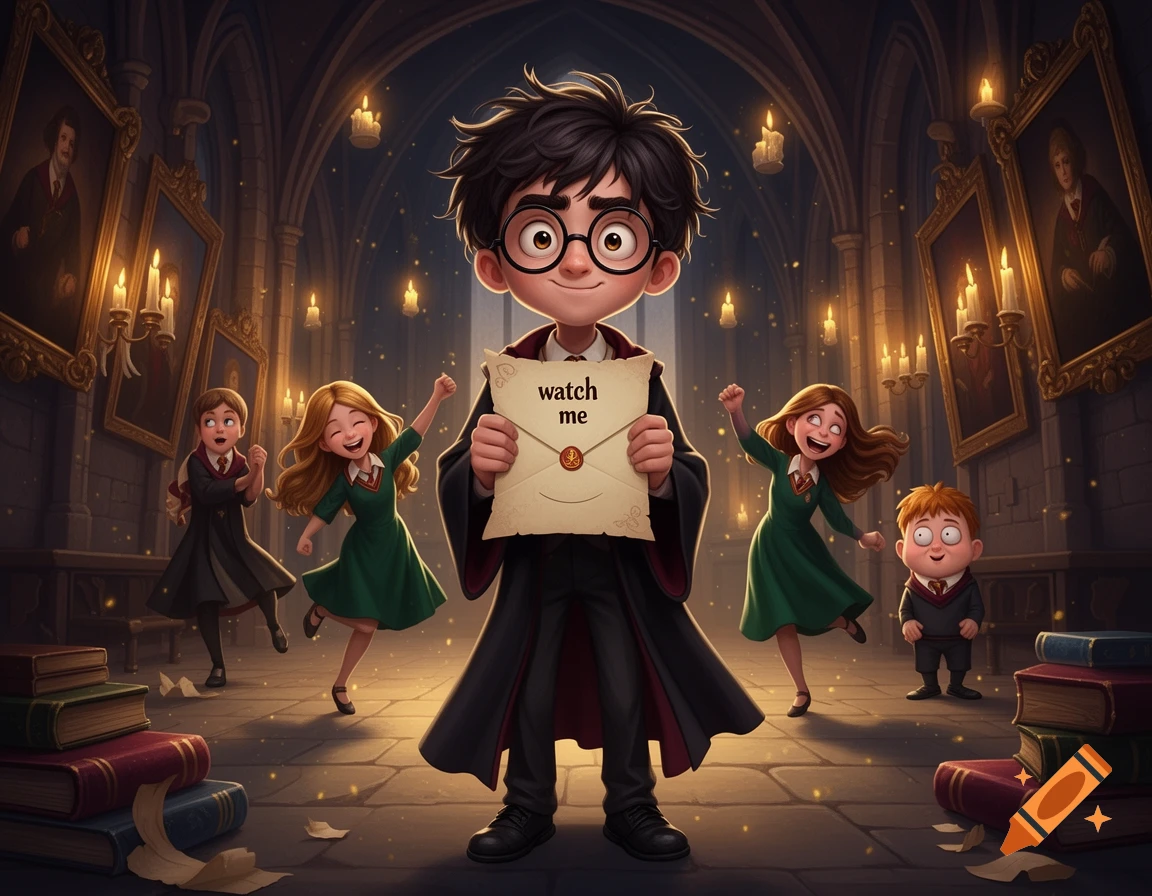 3D animated style Harry Potter holding a letter that says watch me, with dancing classmates and a short Ron in a grand castle hall.