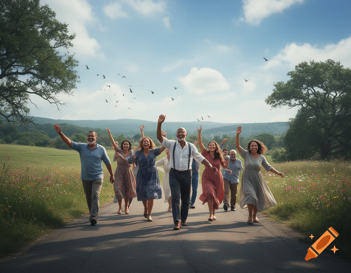 A group of diverse people joyfully walking and dancing along a paved road through a grassy field under a blue sky.