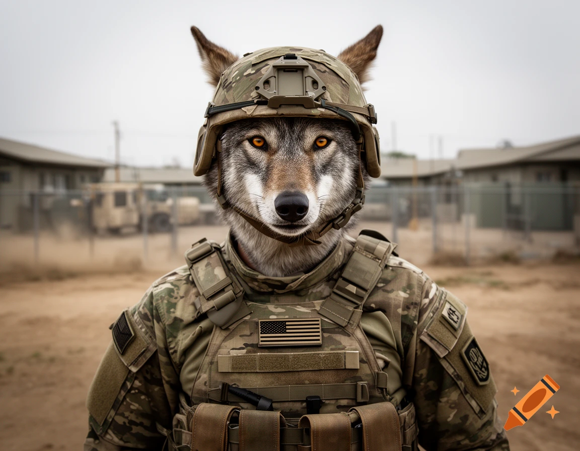 Photorealistic portrait of an anthropomorphic wolf in military camouflage and helmet with an American flag patch.