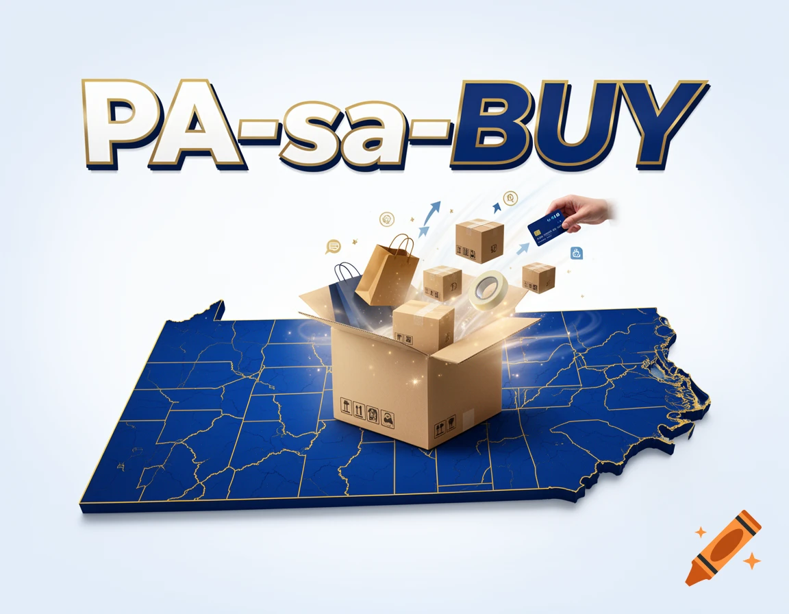 PA-sa-BUY text above a cardboard box opening up with smaller boxes and a map of Pennsylvania underneath.
