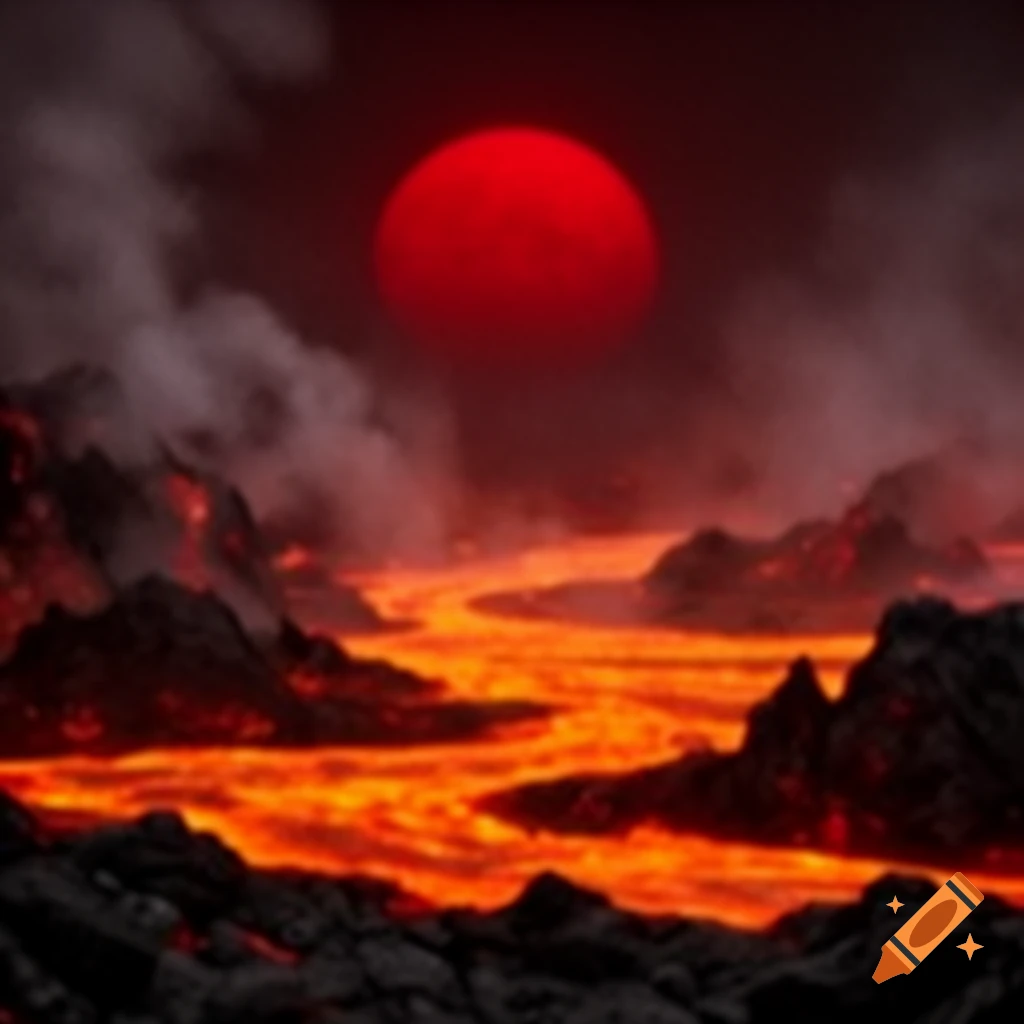 A dark volcanic landscape with rivers of glowing orange lava under a large red sun.
