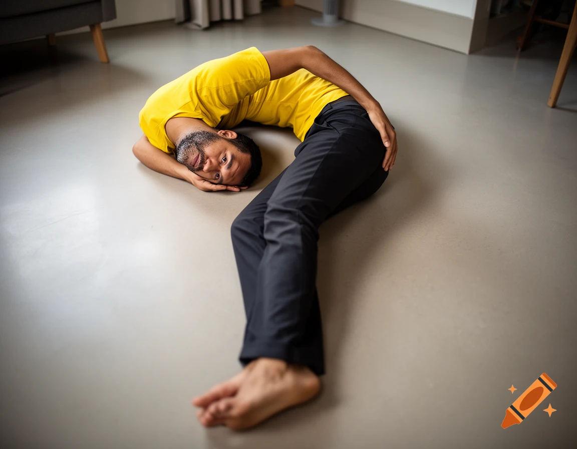 A Hispanic man in a yellow shirt and black pants lying on the floor, his body contorted into the shape of a question mark.