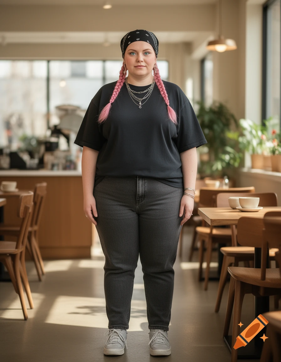 Photorealistic full-body portrait of a woman with pink braided pigtails and a black bandana standing in a café.