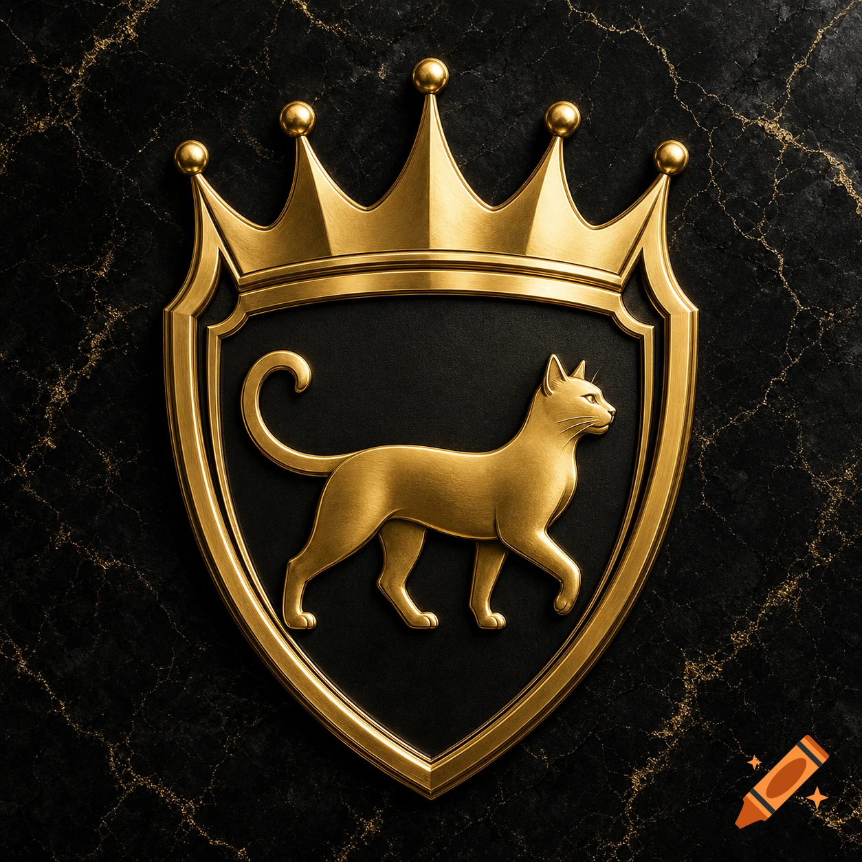 Golden coat of arms with a cat silhouette inside a shield and a crown on top, set against a dark marble background.