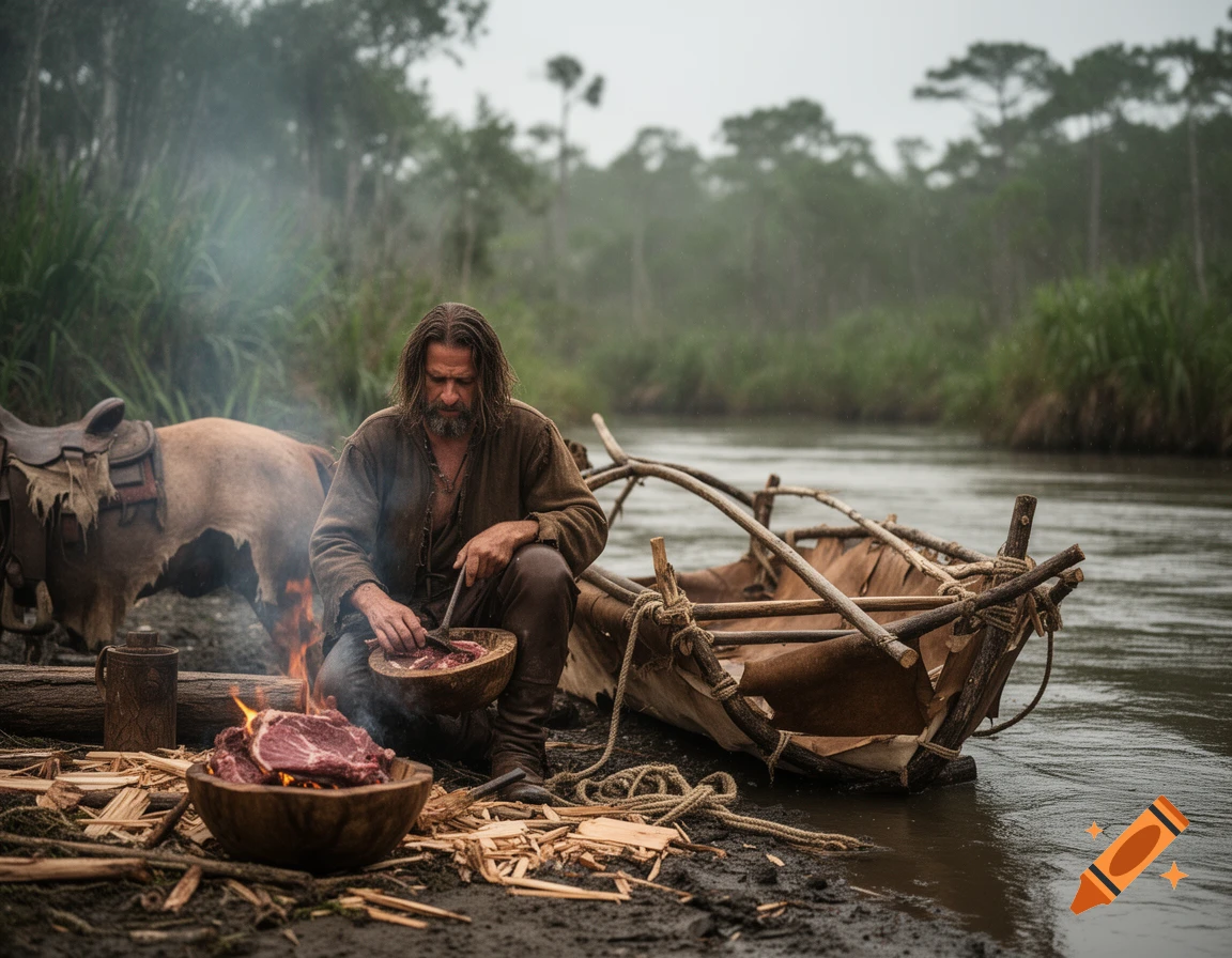 Photorealistic scene of a bearded man in a leather tunic preparing meat by a campfire near a river, with a horse and a primitive boat.