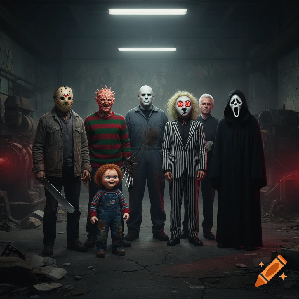 Photorealistic group portrait of famous horror movie icons including Jason, Freddy, Chucky, Michael Myers, Beetlejuice, and Ghostface in a dark industrial basement.