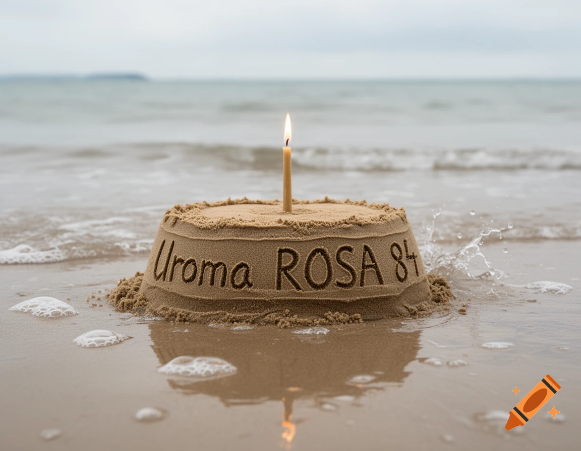 Photorealistic image of a sand cake with a single burning candle and the text Uroma ROSA 84 on a wet sandy beach near the sea.