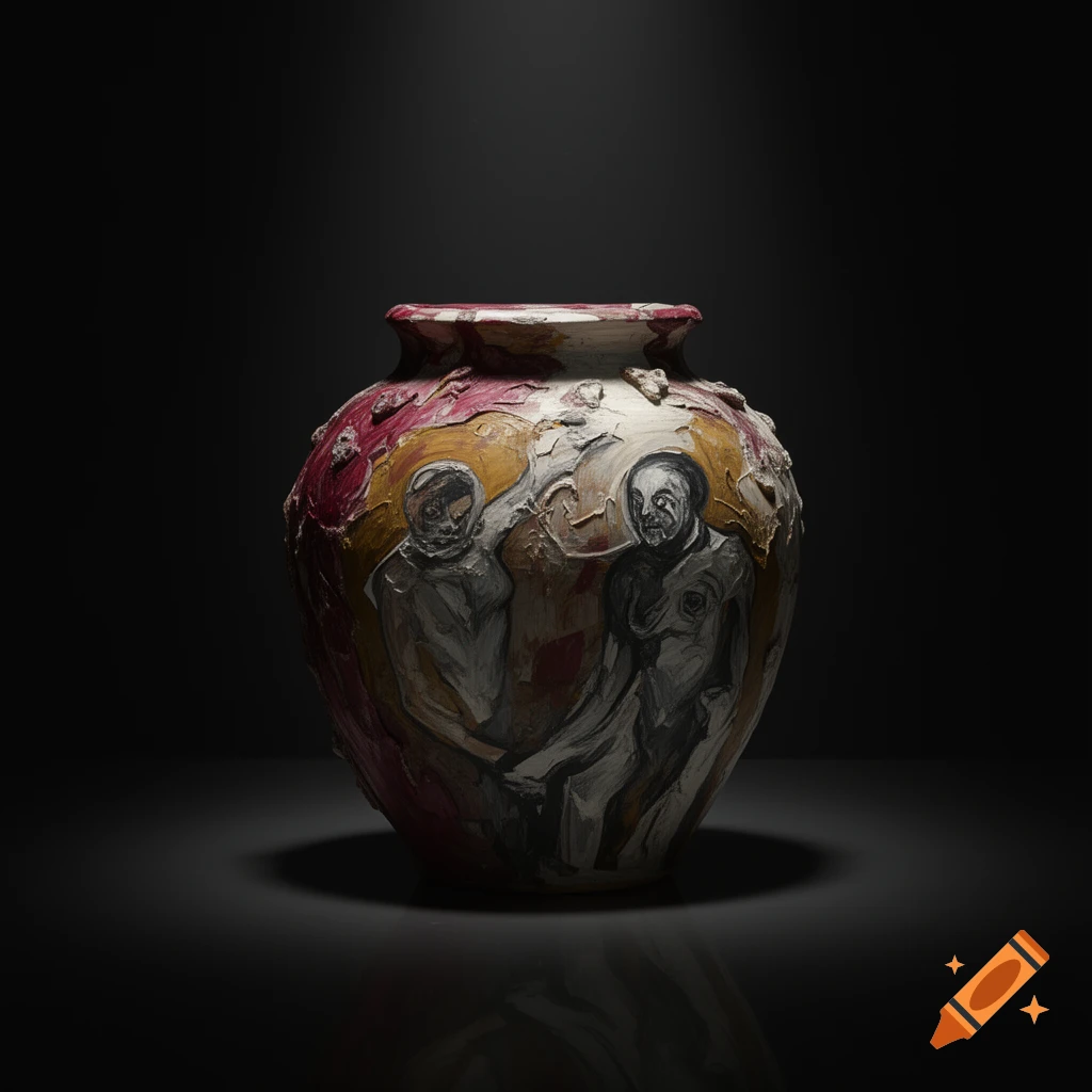 A dark, textured ceramic pot featuring expressive painted figures in the style of Francis Bacon, displayed on a reflective surface.