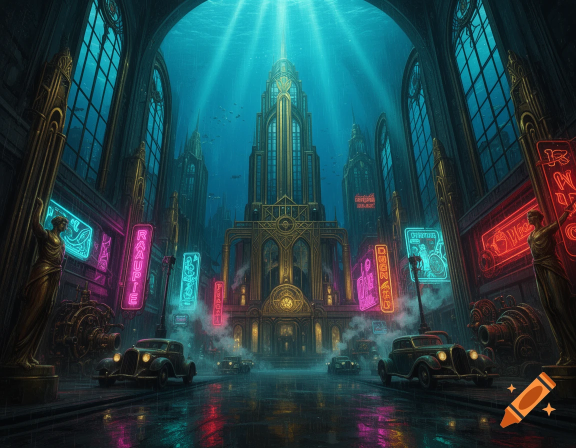 Art deco underwater city street with glowing neon signs and vintage cars under water rays, digital illustration