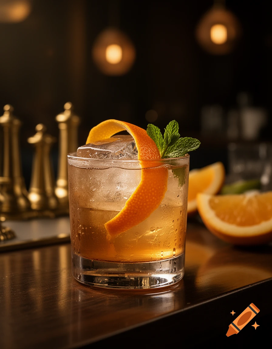 Photorealistic image of a mixed cocktail in a lowball glass with an orange peel garnish and mint leaf, sitting on a wooden bar counter.