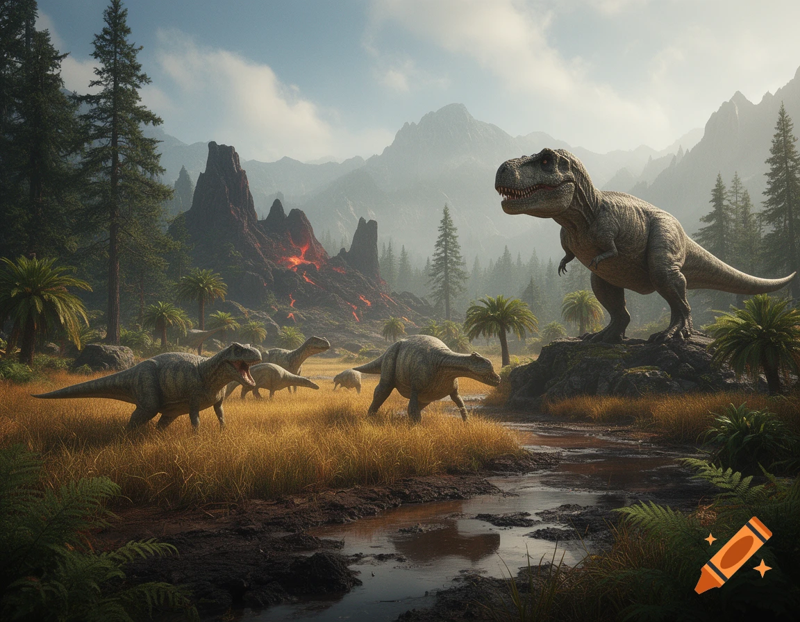 Photorealistic landscape of dinosaurs in a lush forest with a volcano in the background.