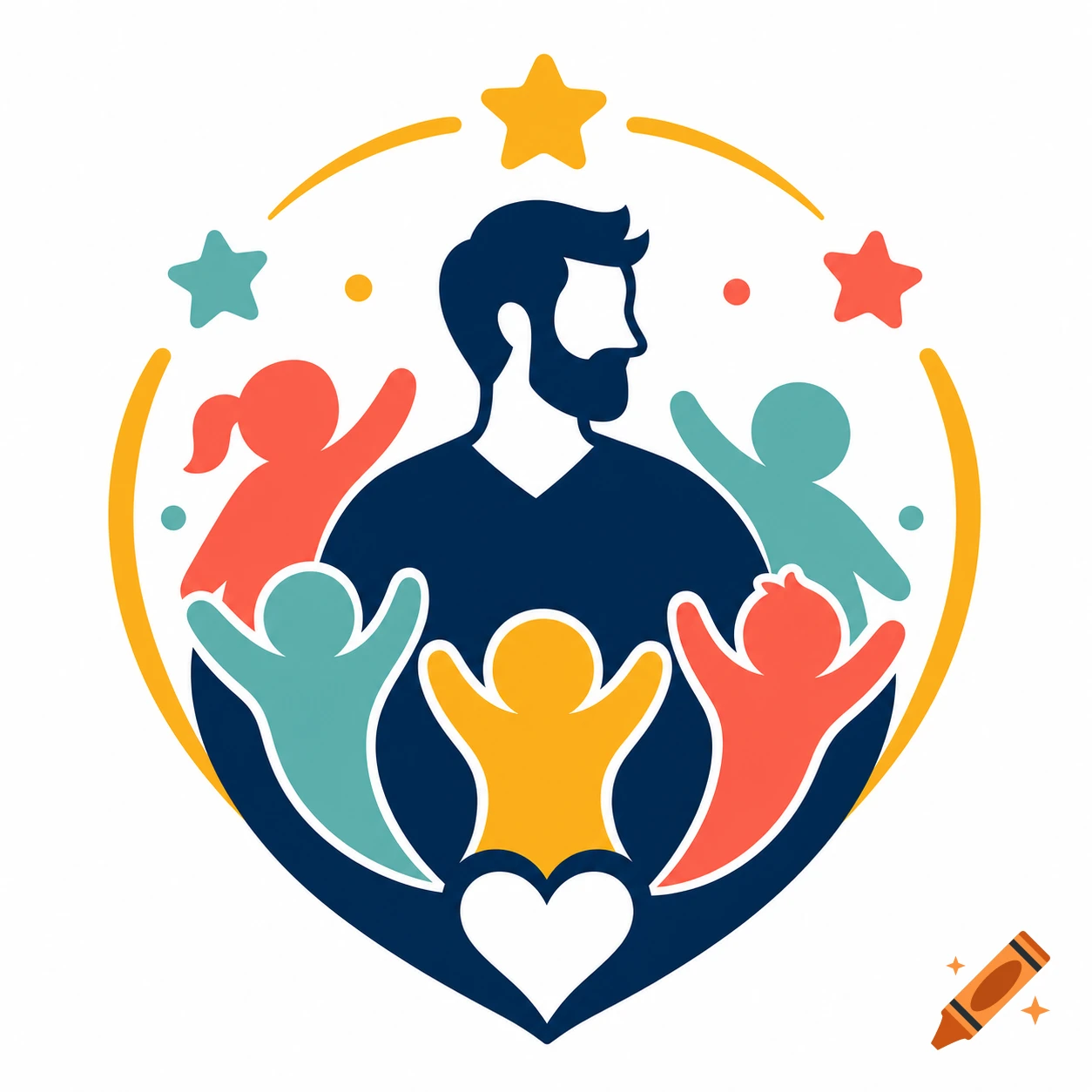 Logo illustration of a bearded father embraced by five children, surrounded by stars and a heart shape, in a minimalist style.