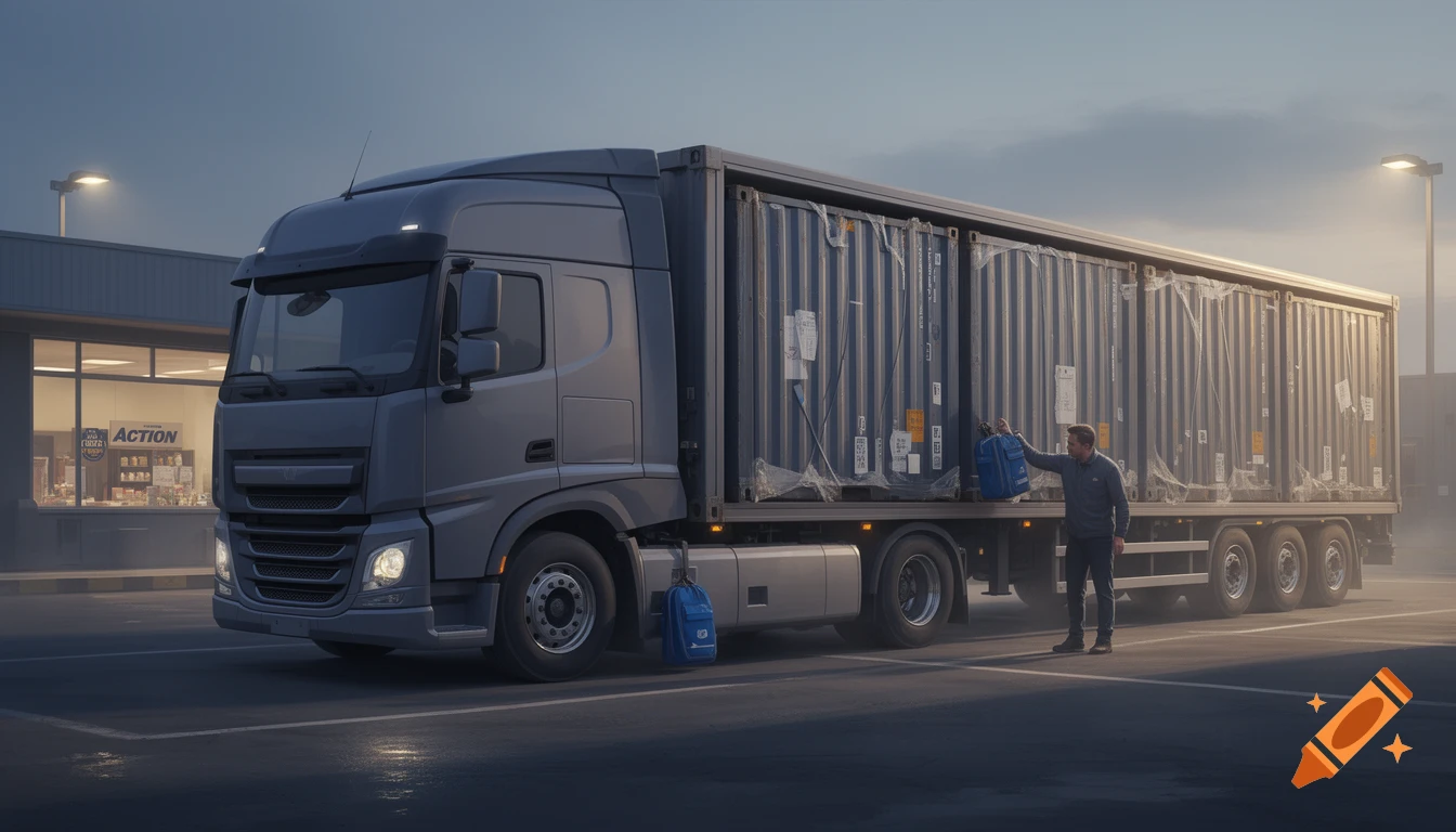 A photorealistic gray semi-truck with a long trailer loaded with cargo containers parked in a lot during early morning light.