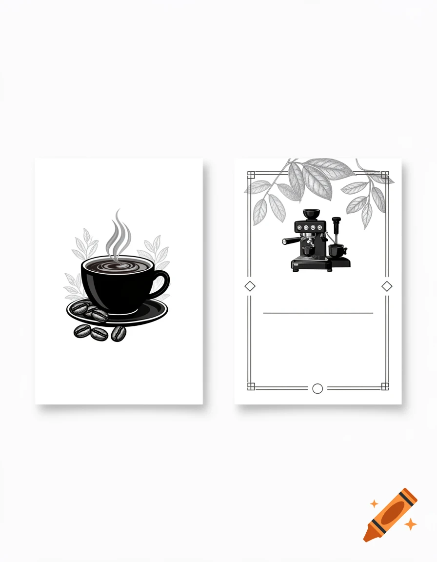 Greyscale illustration of a coffee cup with steam and beans on the left, and an espresso machine with leaves on the right.